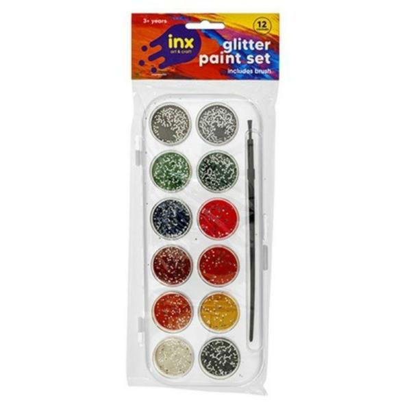 12 Glitter Colour Paints & Brush Set  |   Stationery Arts & Craft Multi