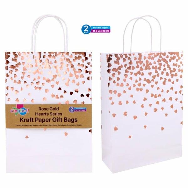 2 Pack White With Rose Gold Hearts Craft Gift Bags – 35Cm X 25Cm X 10Cm  |   Diy Craft Arts & Craft Diy Craft