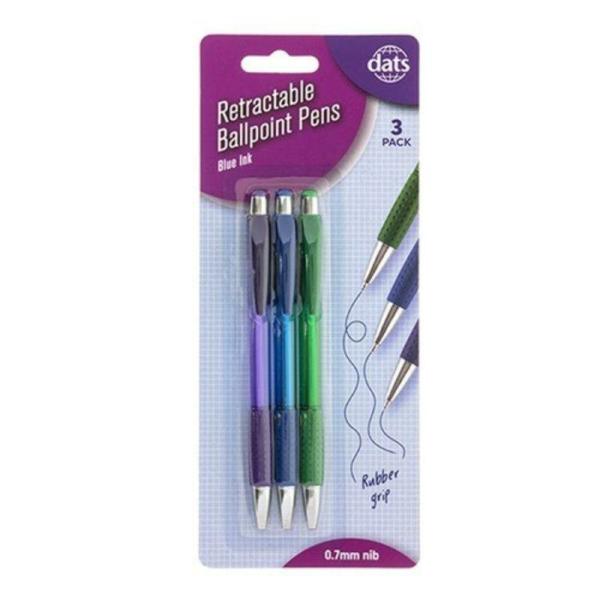 3 Pack Blue Ink Retractable Ballpoint Pens With Rubber Grip  |   Stationery Arts & Craft Blue