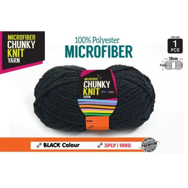 Black Microfibre Chunky Knitting Yarn 3 Ply – 100G  |   Wool & Yarn Arts & Craft Black