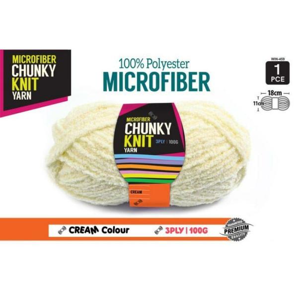 Cream Microfibre Chunky Knitting Yarn 3 Ply – 100G  |   Wool & Yarn Arts & Craft White