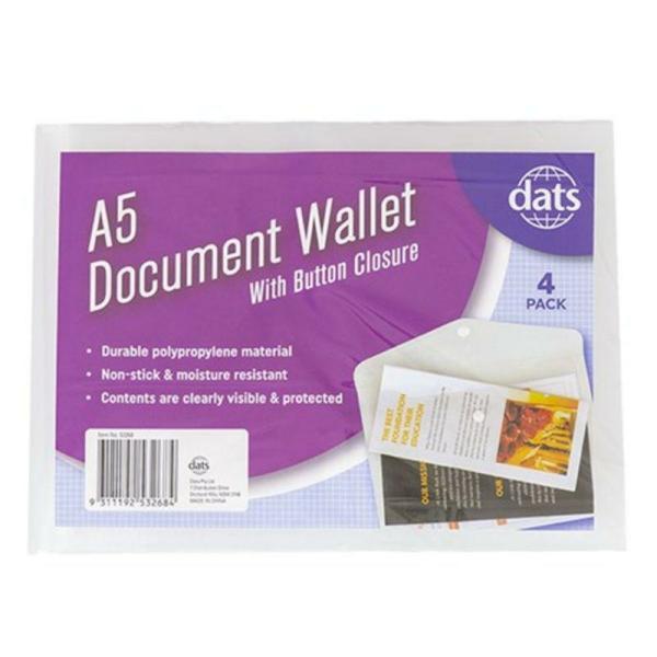 Document Wallet Pp W Button Closure A5 4Pk Clear  |   Exercise Books & Folders Arts & Craft Clear