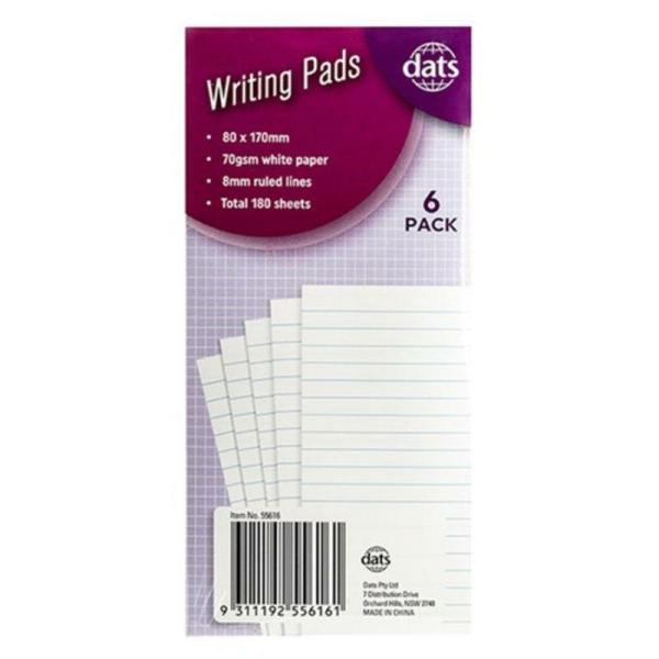 Pad Paper Writing 80X170Mm 6Pk Total 180Sh 70Gsm Ruled  |   Stationery Arts & Craft Stationery